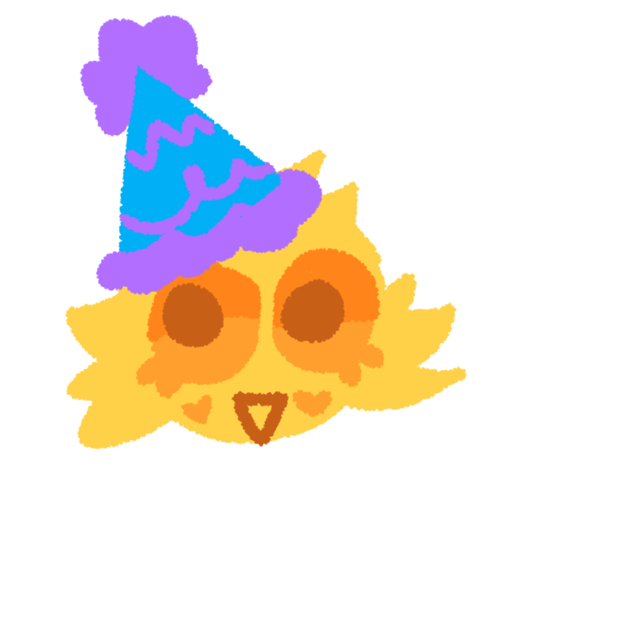 a fluffy yellow person with orange eyes wearing a blue and purple party hat. it looks happy